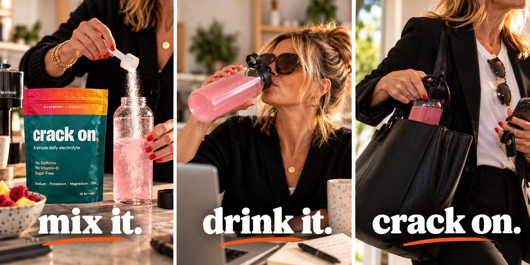 Mix it. Drink it. Crack on. Three photos show electrolyte powder being mixed into a bottle, a woman drinking it, and the bottle going into her handbag.